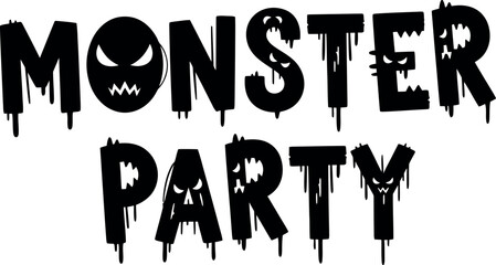 Spooky monster party text with scary faces dripping design graphic element for halloween celebrations vector