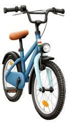 A colorful children's bicycle featuring a blue frame, brown seat, and white wheels, designed for young riders.