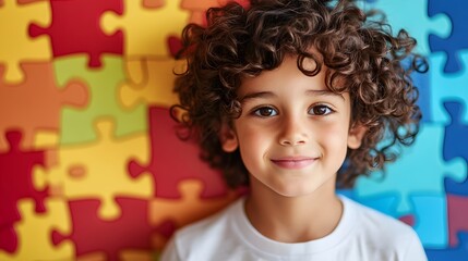 Portrait of curly-haired child against vibrant puzzle piece wall for autism awareness, perfect for educational posters, awareness campaigns