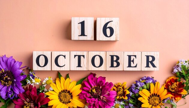 Wooden Blocks with Date 16 October. Floral Calendar – Vibrant Flowers on Solid Colored Background