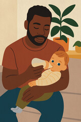 Father feeding son with bottle on sofa showing family bonding