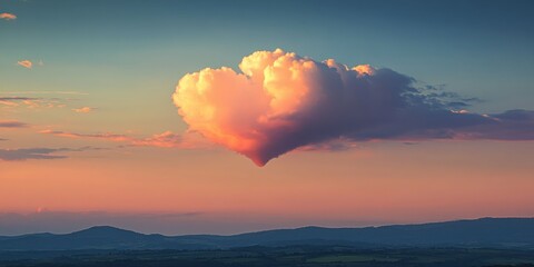 A heart-shaped cloud floats serenely against a breathtaking sunset sky, painted in warm, peachy hues above a tranquil landscape of rolling hills.