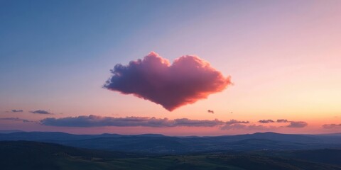 A heart-shaped cloud hovers over a serene landscape at sunset, bathed in soft, vibrant hues.
