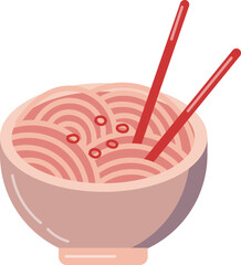 A close-up illustration of a bowl filled with pink noodles, garnished with small red chili flakes, and held by two red chopsticks.