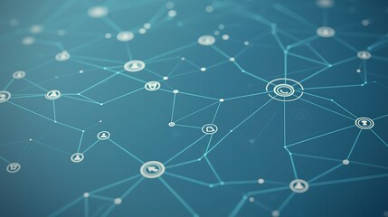 Abstract digital network with social media icons on blue background, flat lay, concept of big data and global communication, flat design vector illustration, smooth edges and clean lines