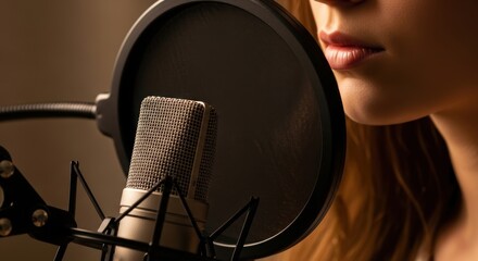 Young caucasian female singing in studio with microphone and pop filter close-up