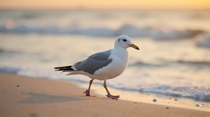 Obraz premium Seagull Walking on a Sandy Beach at Golden Hour by the Ocean Waves