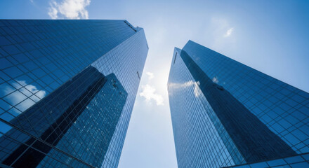 Two blue glass towers rise into the sky