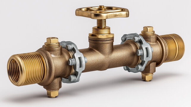 Brass backflow preventer valve with threaded pipe connections isolated on white background