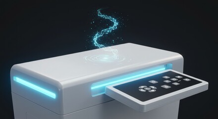 Futuristic white device with glowing light and holographic effect