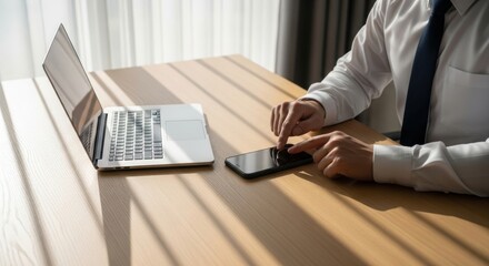 Businessman using smartphone and laptop at wooden desk in bright office setting