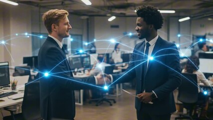 Two businessmen shake hands in an office overlaid with a digital network graphic - Powered by Adobe