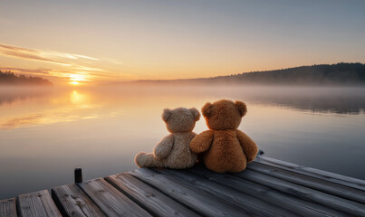 two cute stuffed teddy bear sitting on the wooden pier in fall season