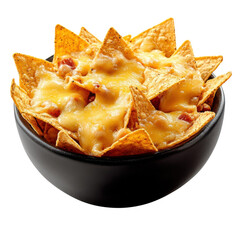 Delicious nachos with melted cheese served in a black bowl against a perfect for snacking and enjoying a tasty treat at any time on transparent background
