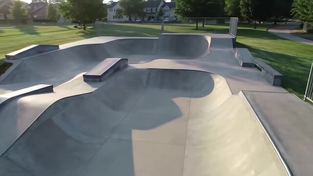 Empty concrete skatepark with smooth ramps and a calm, serene mood in soft morning light with long shadows with copy space