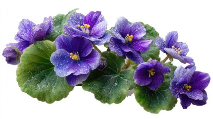 Purple African violets with water droplets