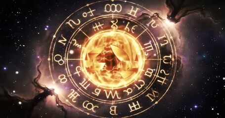 A glowing astrological zodiac wheel with celestial symbols against a cosmic nebula background. - Powered by Adobe
