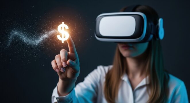 Young caucasian female interacting with virtual currency using vr headset - Powered by Adobe
