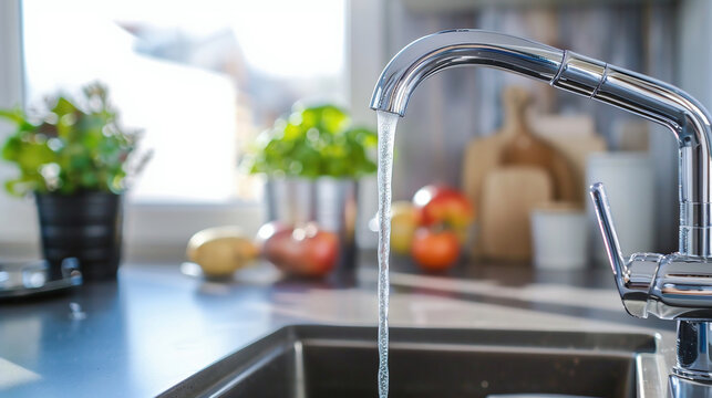 Close up shot of modern kitchen faucet with water running from tap, flow falling to empty dish sink at stylish home interior, selective focus, sustainable resources consumption concept