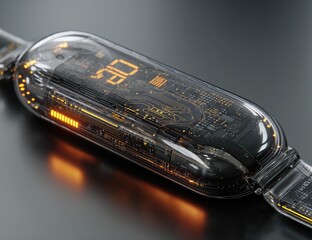 Futuristic, transparent capsule-shaped device with internal circuitry and digital display