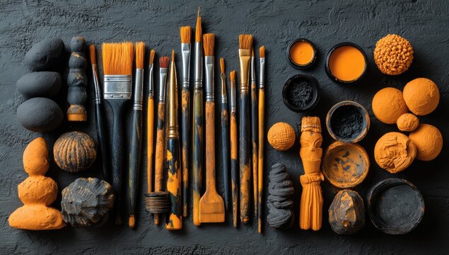 Orange-painted art supplies on dark gray surface