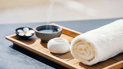 Minimalist zen spa arrangement with towel, stones, and diffuser. Concept for relaxation, wellness, and luxury spa services. Calm, serene