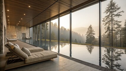 Modern spa relaxation lounge with sunken seating and a still reflecting pool. Empty, peaceful interior with natural light. Concept for architecture and wellness.