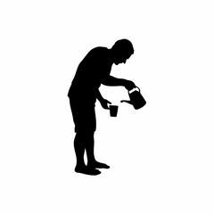 Man pouring tea from kettle into cups silhouette on white background