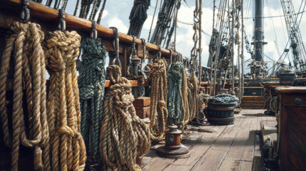 Historic tall ship deck with ropes rigging and nautical equipment