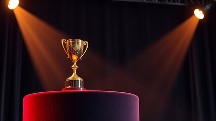A golden trophy shines on a velvet podium, evoking the elegance of an award ceremony.