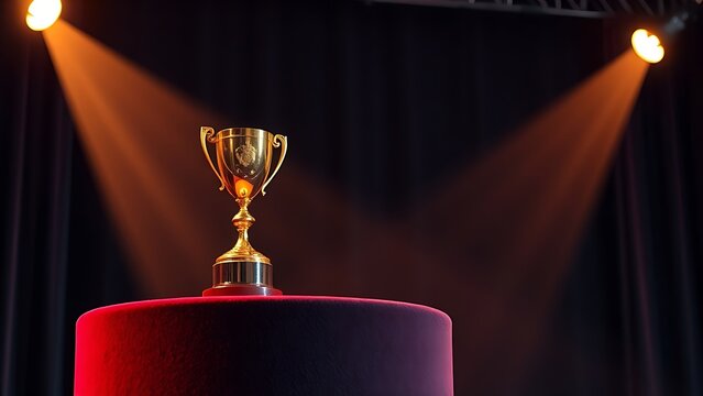 A golden trophy shines on a velvet podium, evoking the elegance of an award ceremony.
