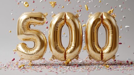 Golden helium balloons in the shape of the number 500 floating amidst a festive confetti backdrop, celebrating 500 followers or likes on social media.