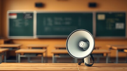 A megaphone sits on a wooden surface, with a softly blurred classroom in the background.