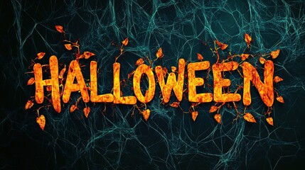 Elegant Halloween Typography with Pumpkin Vines, Serif Font Wrapped in Botanical Leaves, Monochrome Orange on Dark Green, Minimalist Design