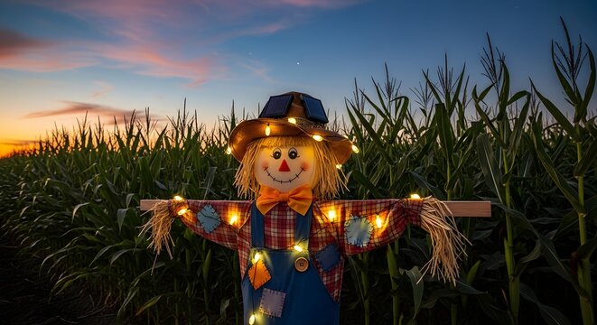 A modern halloween concept featuring a friendly scarecrow adorned with festive lights in a cornfield at sunset - Powered by Adobe