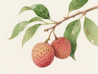 Obraz premium Lychee Fruits on a Branch with Green Leaves