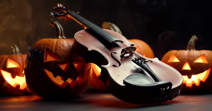 A spooky Halloween scene featuring a violin resting on carved pumpkins with glowing faces and a dark, smoky background.