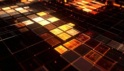 Glowing golden digital tiles with futuristic abstract technology grid background