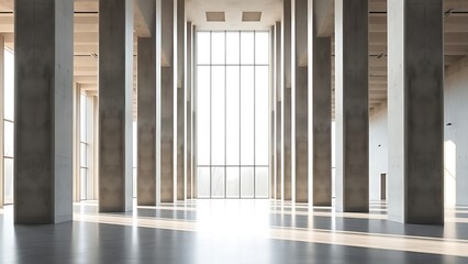 Fototapeta premium Vast architectural space with smooth concrete columns and diffused natural light, symmetrical and minimalist.