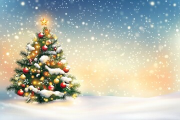 Obraz premium A festive Christmas tree, adorned with colorful ornaments and twinkling lights, stands amidst a snowy landscape under a sky filled with falling snowflakes.