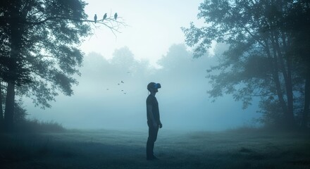Silhouette of young male in virtual reality headset amidst foggy forest with birds