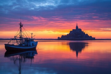 Obraz premium A tranquil sunrise over a calm body of water, featuring a fishing boat and the silhouette of a historical island monastery, reflecting beautifully in the still water.