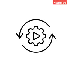 Black single round gear workflow line icon, simple cogwheel process cycle glyph flat design vector pictogram, infographic interface elements for app logo web button ui ux isolated on white background