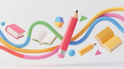 Colorful educational objects with books, pencils, and abstract shapes floating dynamically