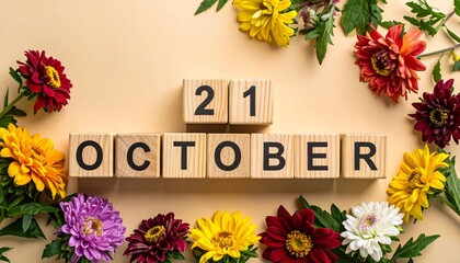Wooden Blocks with Date 21 October. Floral Calendar – Vibrant Flowers on Solid Colored Background