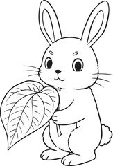 Fototapeta premium Adorable cartoon bunny rabbit holding a large green leaf in its paws animal illustration