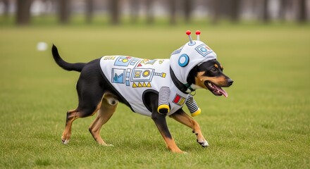 A happy dog in a futuristic robot costume for a modern Helloween concept, running playfully in a park