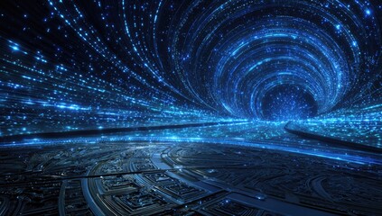 A swirling, digital tunnel, filled with blue light.  Dark, metallic structures line the tunnel walls