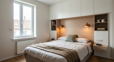 Modern Bedroom Interior with Bed Window and Built-in Storage.