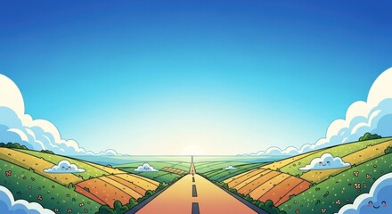 A cartoon landscape featuring a road stretching towards the horizon with fields, clouds, and a bright blue sky.